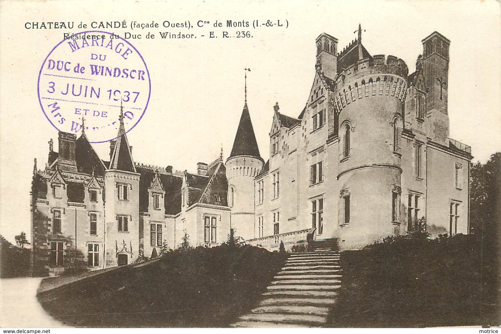 CHATEAU DE Candé, Résidence Du Duc De Windsor; Cachet Du Mariage Du Duc En 1937. - Autres & Non Classés