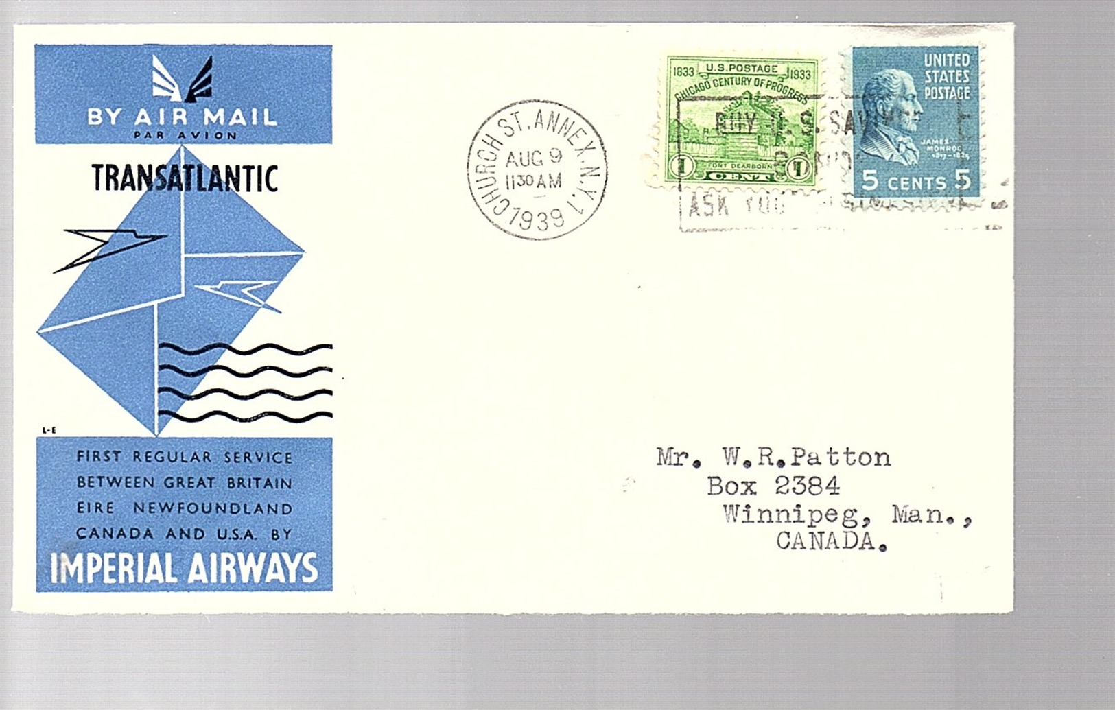 SCARCE 1st Regular Flight Great Britain . Eire Newfoundland Canada And USA 1939 (849) - Covers & Documents