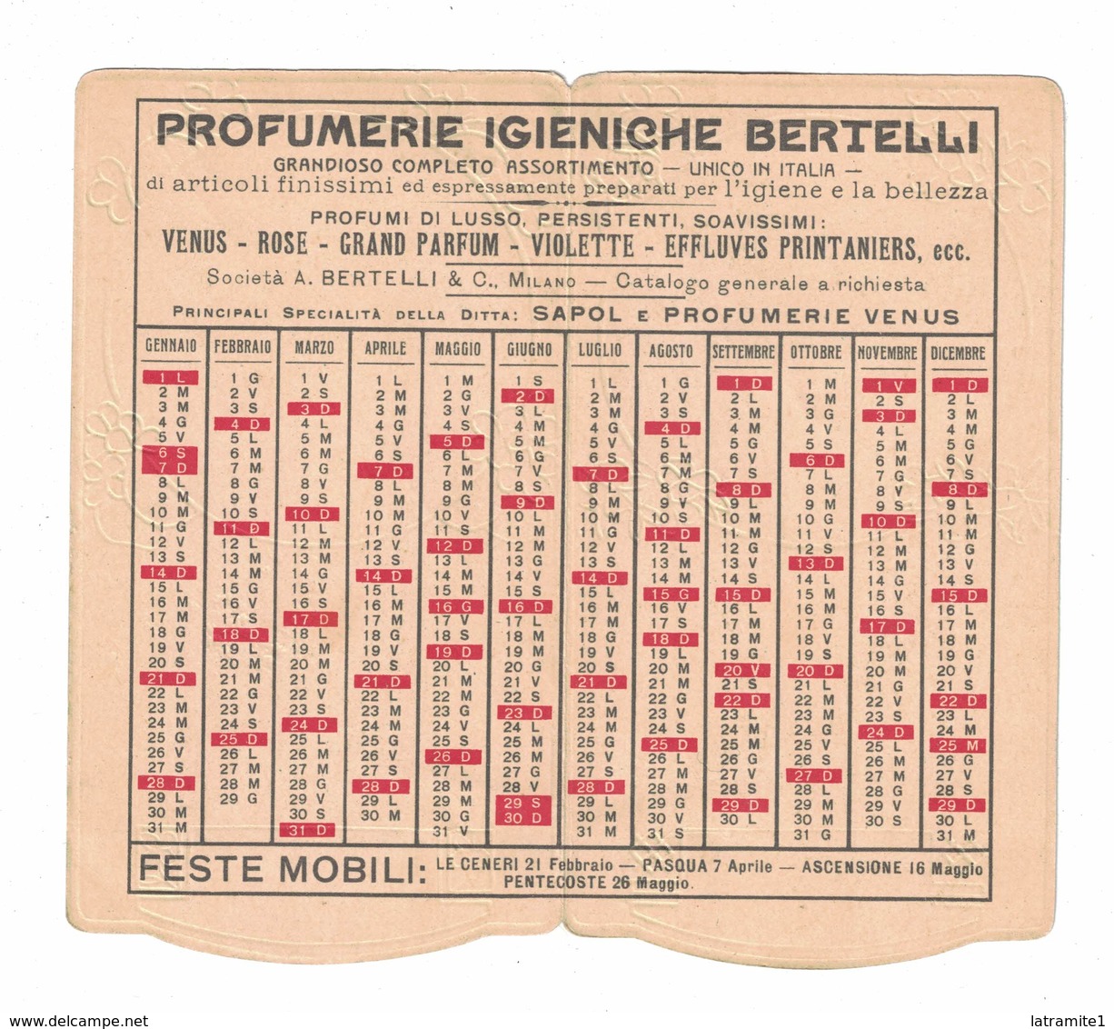 CALENDARIETTO BERTELLI  ALMANACCO 1912 SEMESTRINO - Altri & Non Classificati