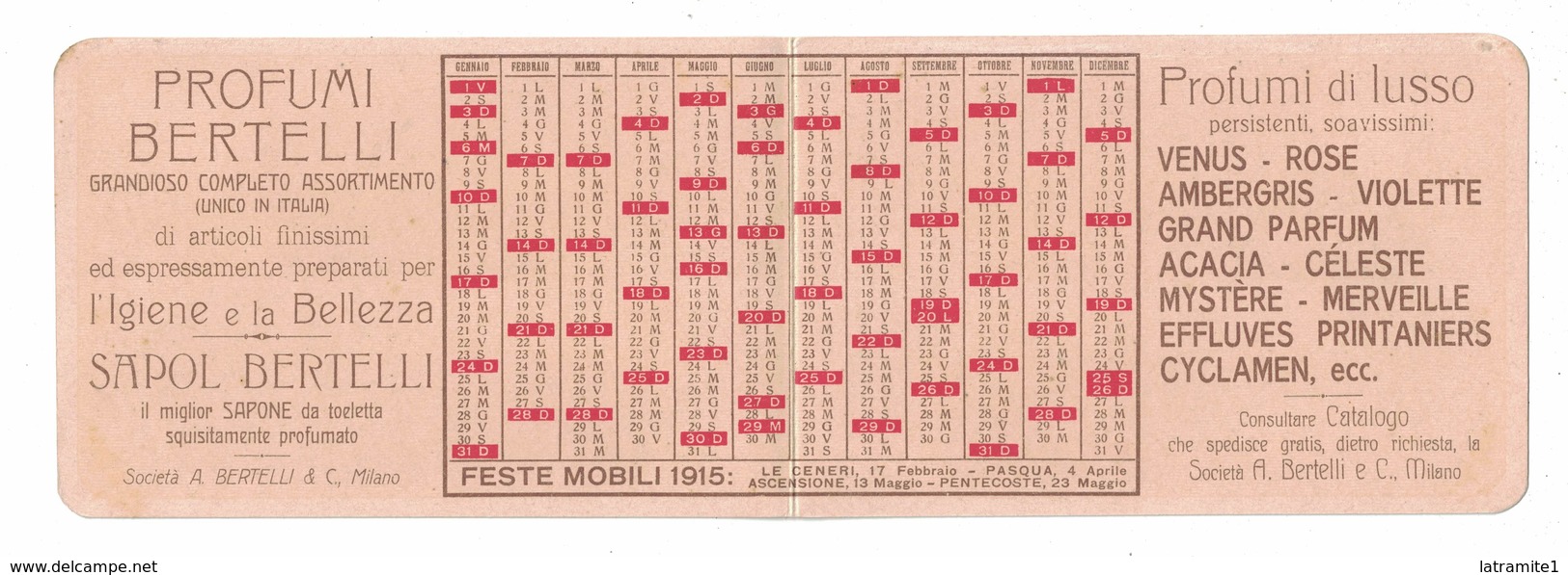 CALENDARIETTO BERTELLI  ALMANACCO 1915 SEMESTRINO - Altri & Non Classificati