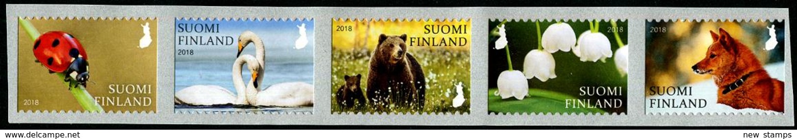 Finland 2018 Fauna & Flora Nature Signs Swans Bear Dog Strip Of 5v MNH - Hunde