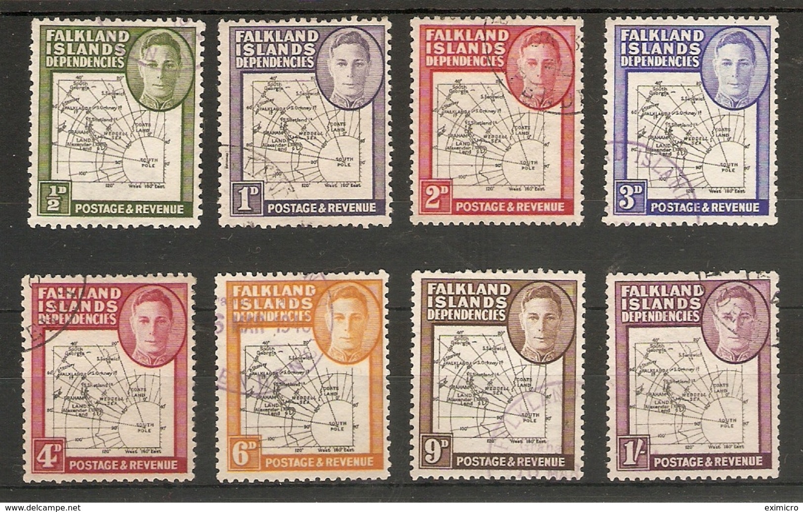 FALKLAND ISLANDS DEPENDENCIES 1946 MAP THICK AND COARSE SET SG G1/G8 FINE USED Cat £27 - Falkland Islands