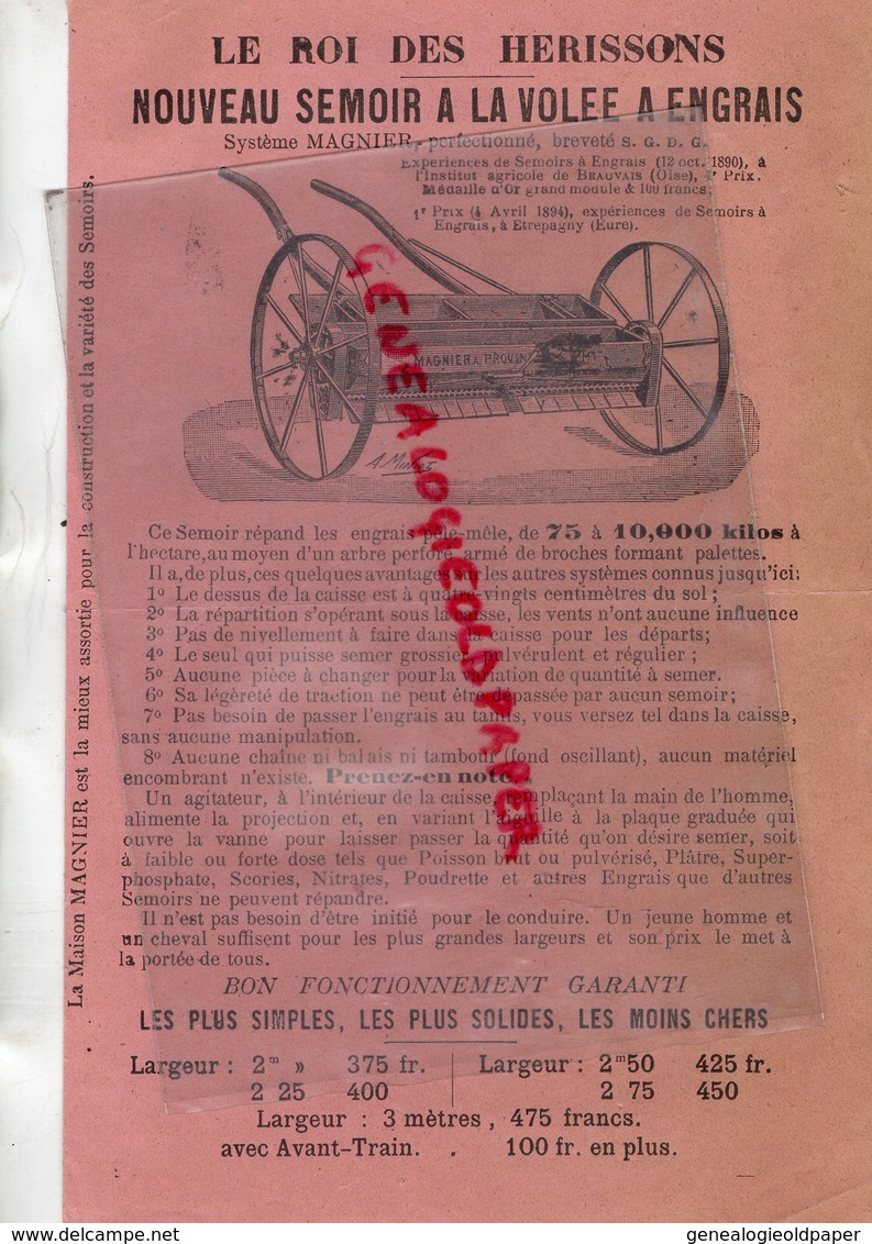 77- PROVINS- RARE PUBLICITE MAGNIER- CONSTRUCTEUR SEMOIRS DISTRIBUTEUR ENGRAIS-AGRICULTURE-3 PLACE SAINT AYOUL- SEMOIR- - Landwirtschaft