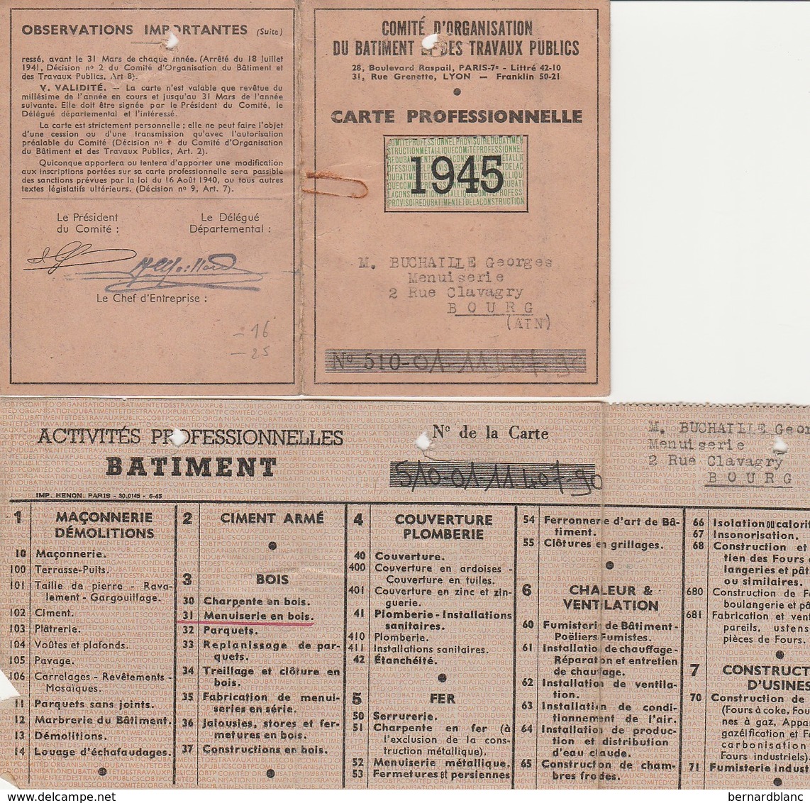 CARTE PROFESSIONNELLE  - TRAVAUX PUBLICS - TIMBRE DE 1945 - Documents Historiques