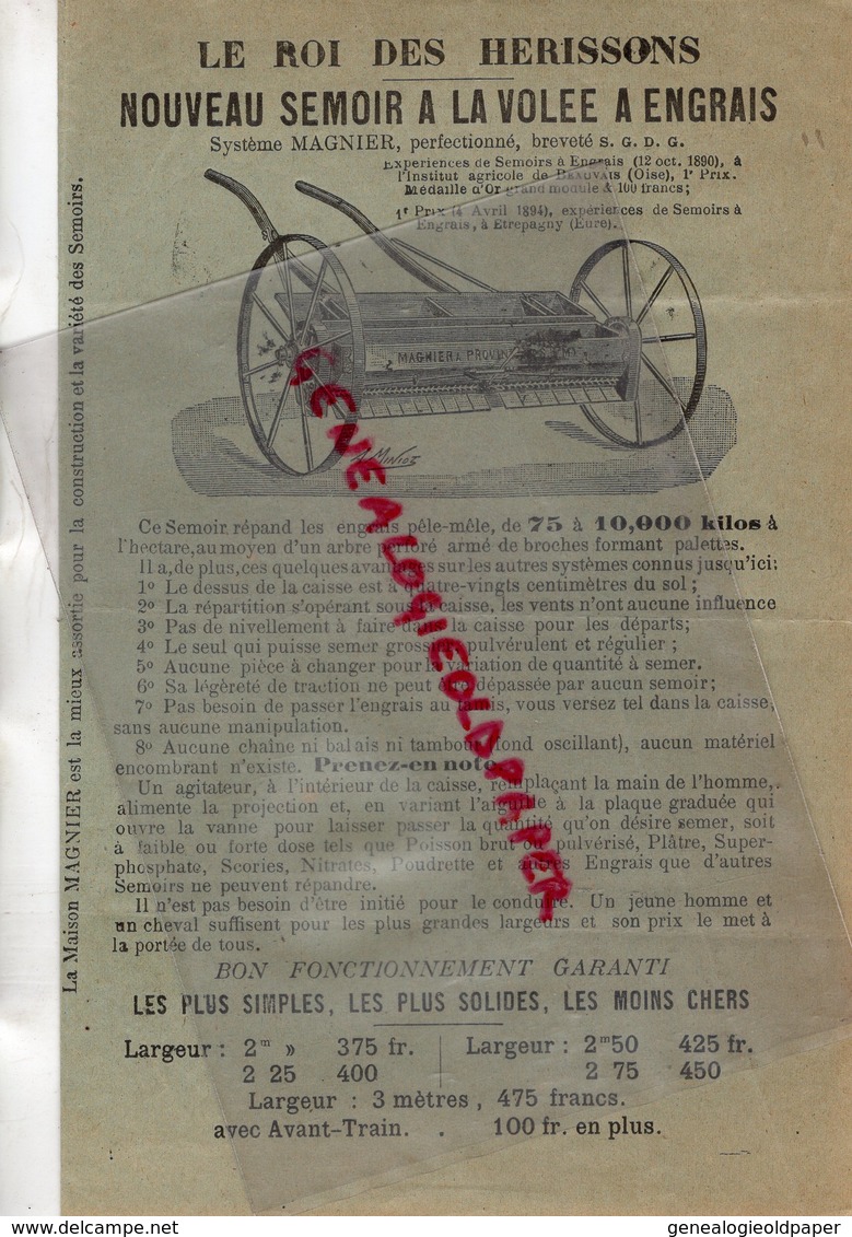 77- PROVINS- RARE PUBLICITE MAGNIER- CONSTRUCTEUR SEMOIRS DISTRIBUTEUR ENGRAIS-AGRICULTURE-3 PLACE SAINT AYOUL- SEMOIR- - Landwirtschaft