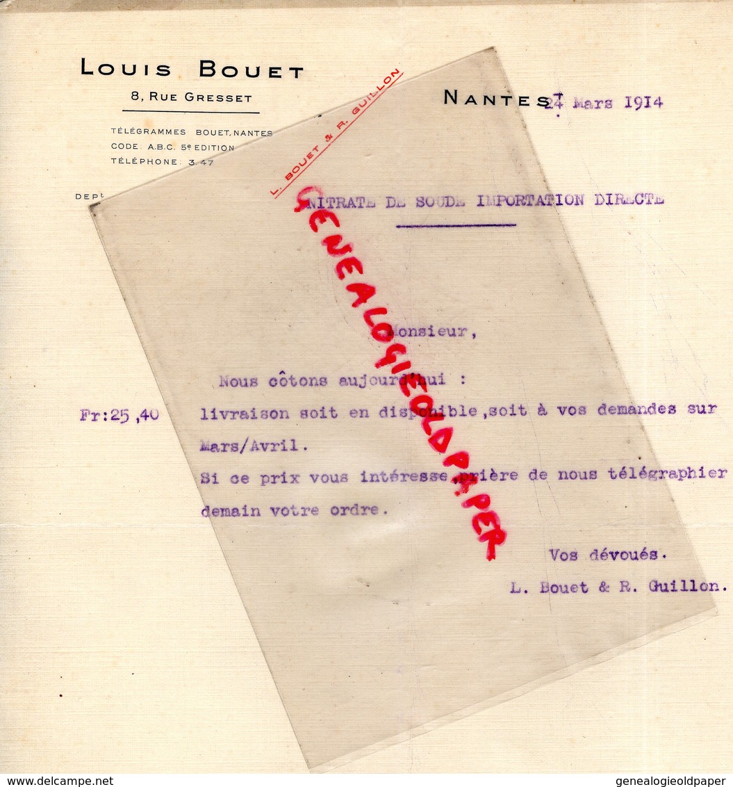 44 - NANTES- RARE FACTURE LOUIS BOUET & R. GUILLON-8 RUE GRESSET- NITRATE DE SOUDE-AGRICULTURE- 1914 - Landwirtschaft