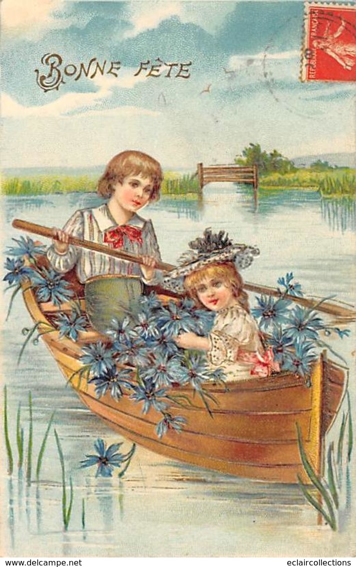 Thème Bonne Année :       Enfants Dans Une Barque  Carte Gaufrée.     (voir Scan) - New Year