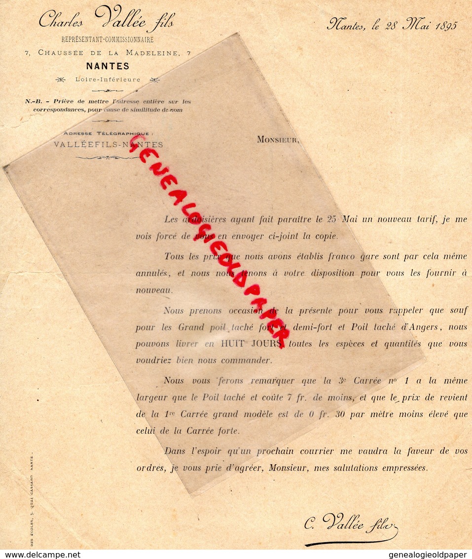 44- NANTES- RARE LETTRE  CHARLES VALLEE FILS 1895- 7 CHAUSSEE DE LA MADELEINE- ARDOISES ARDOISIERES ANGERS - Straßenhandel Und Kleingewerbe