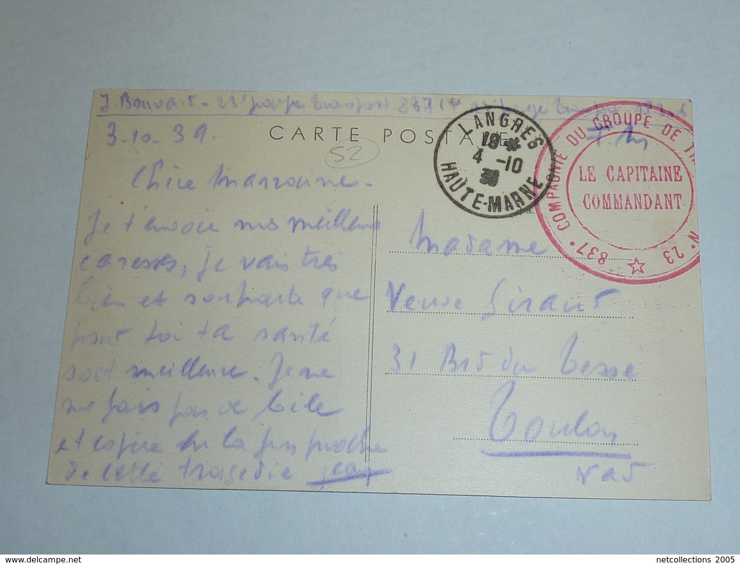 COUBLANC - ROUTE DE LEFFONDS - CACHET ROUGE MILITAIRE- 52 HAUTE MARNE (AD) - Other & Unclassified