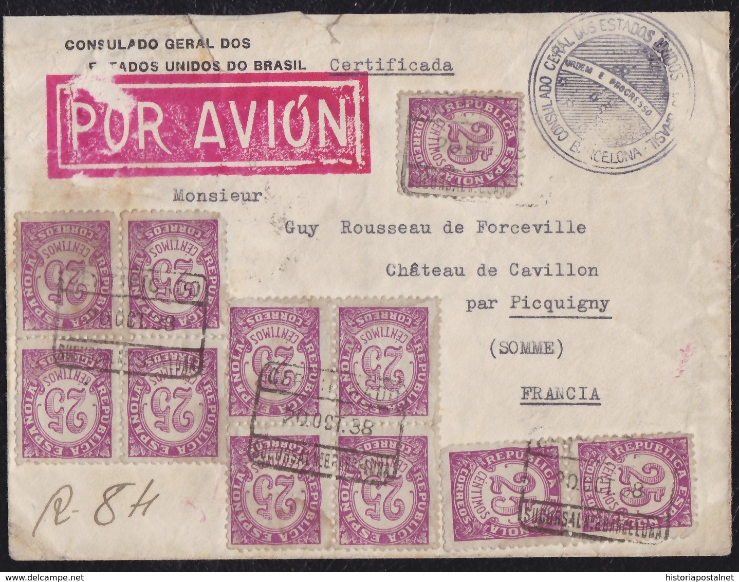 GUERRA CIVIL. 1938. BARCELONA A CHATEAU DE CAVLLON (FRANCIA). ESPECTACULAR FRANQUEO. PRECIOSA. - Cartas & Documentos