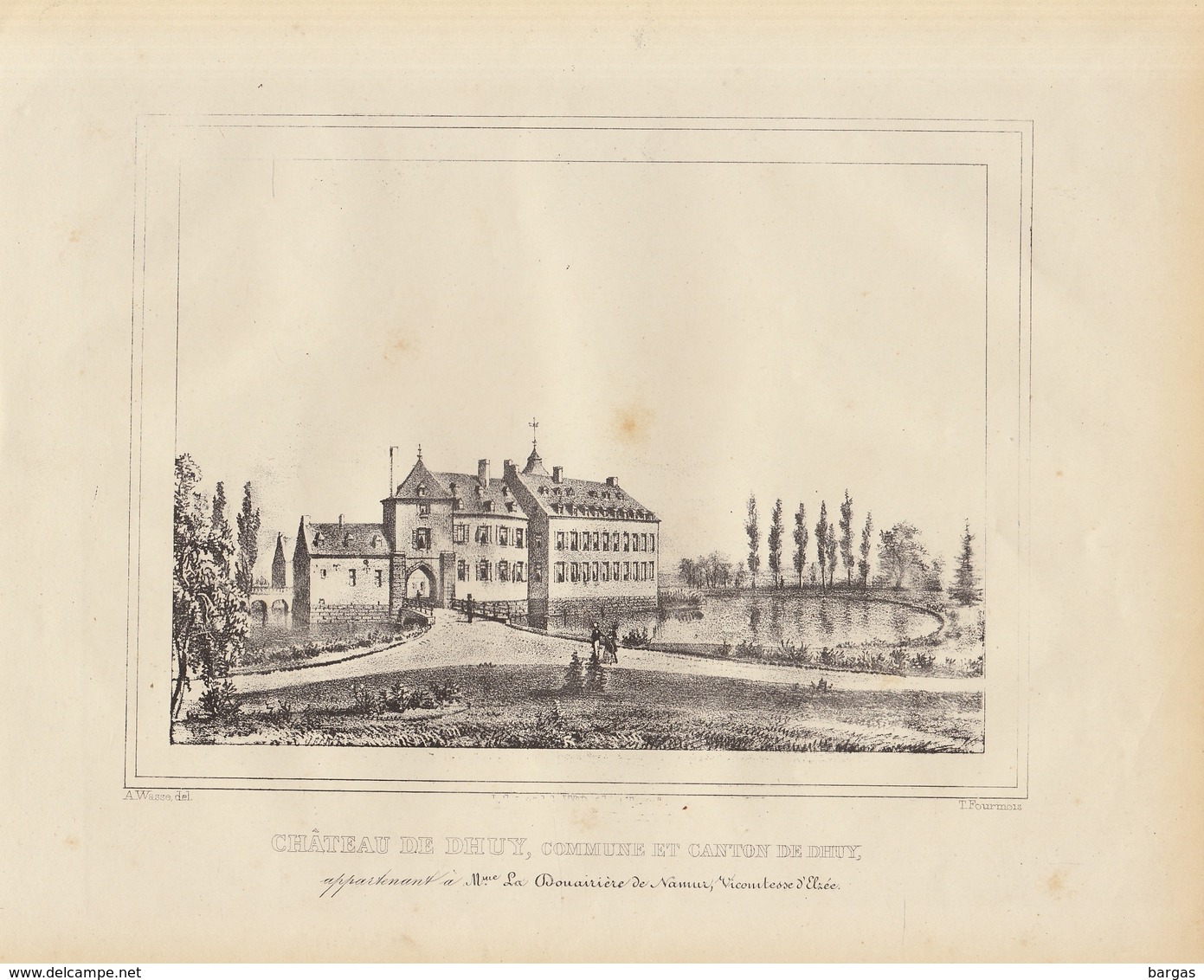 Gravure Ancienne Château De Belgique De Dhuy Huy à Vicomtesse D'elzée - Documents Historiques