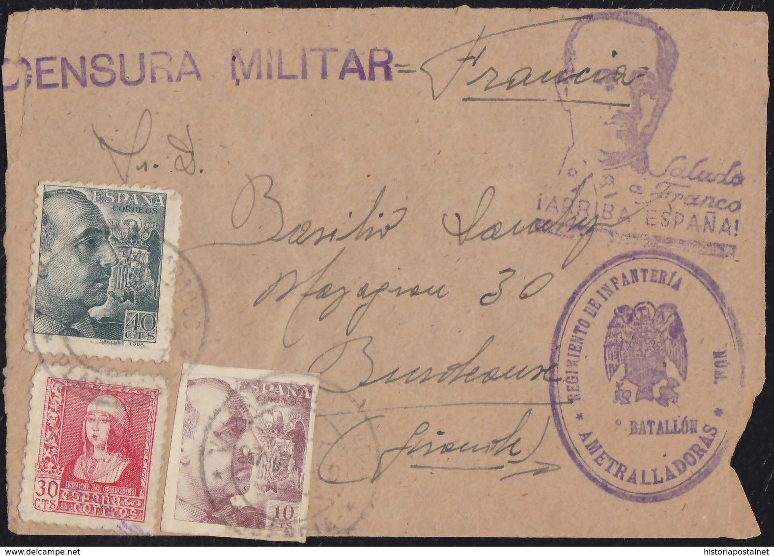 GUERRA CIVIL. 1939. PLASENCIA A BURDEOS (FRANCIA). FRANQUEO TRICOLOR. - Cartas & Documentos