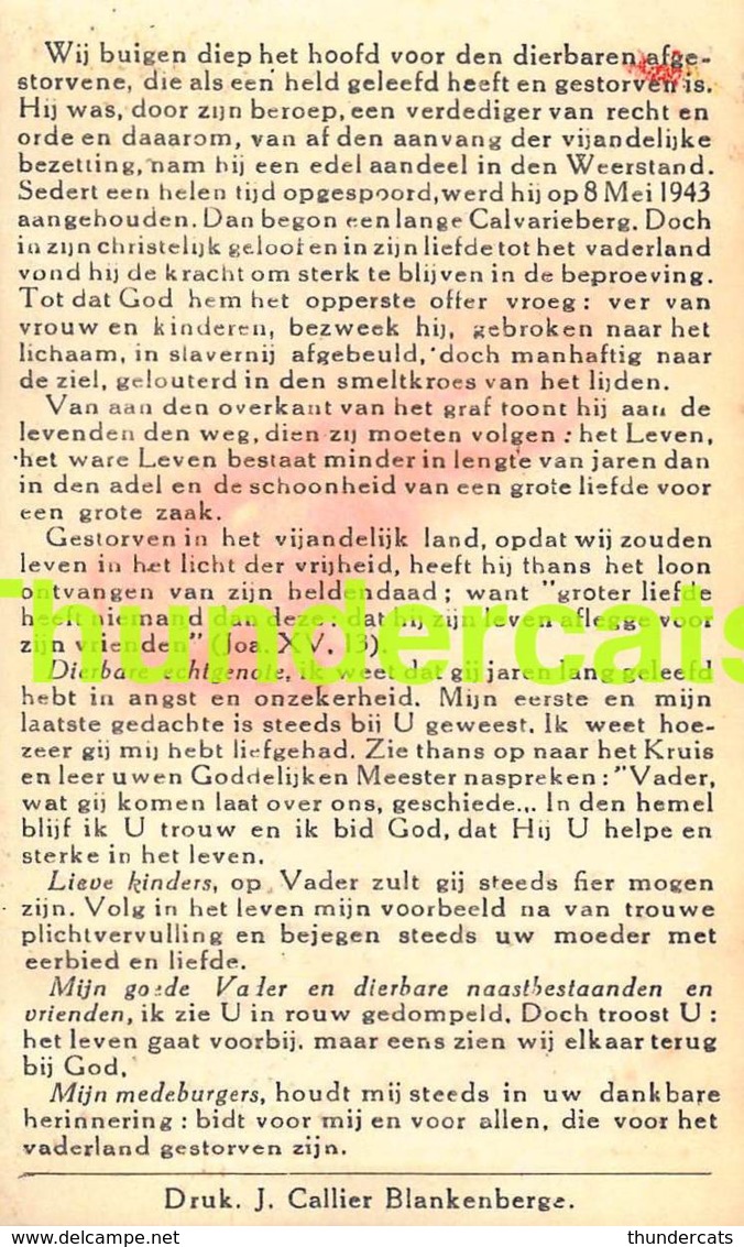 BIDPRENTJE HENRI SAMPSON POLITIEK GEVANGENE BLANKENBERGE CONCETRATIEKAMP VAN ESTERWEGEN 1945 - Devotieprenten