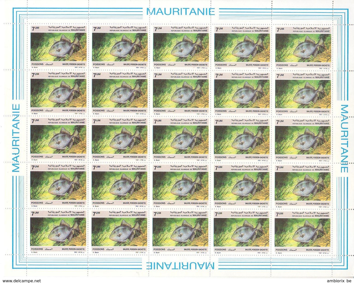 Mauritanie - Feuille De 25 Timbres 603 - BUZIN - Poissons - Baliste , Poisson-Gachette - Mauritanie (1960-...)