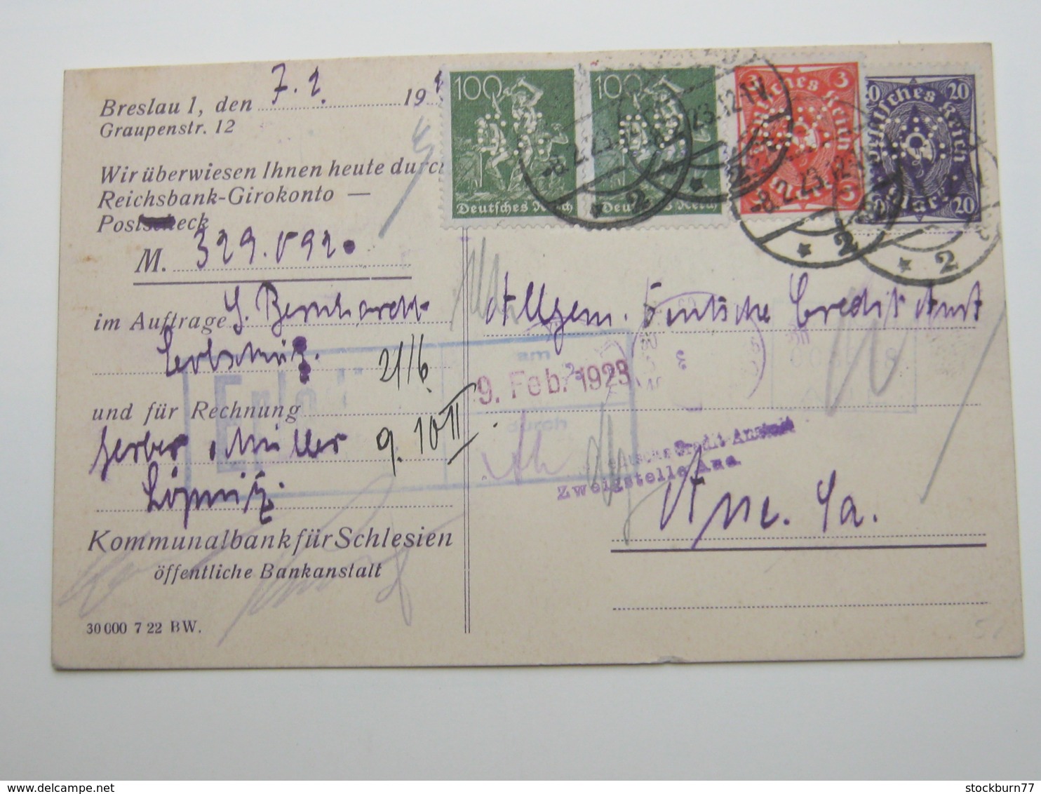 Firmenlochung , Perfin , Beleg Aus  Breslau 1923 - Briefe U. Dokumente