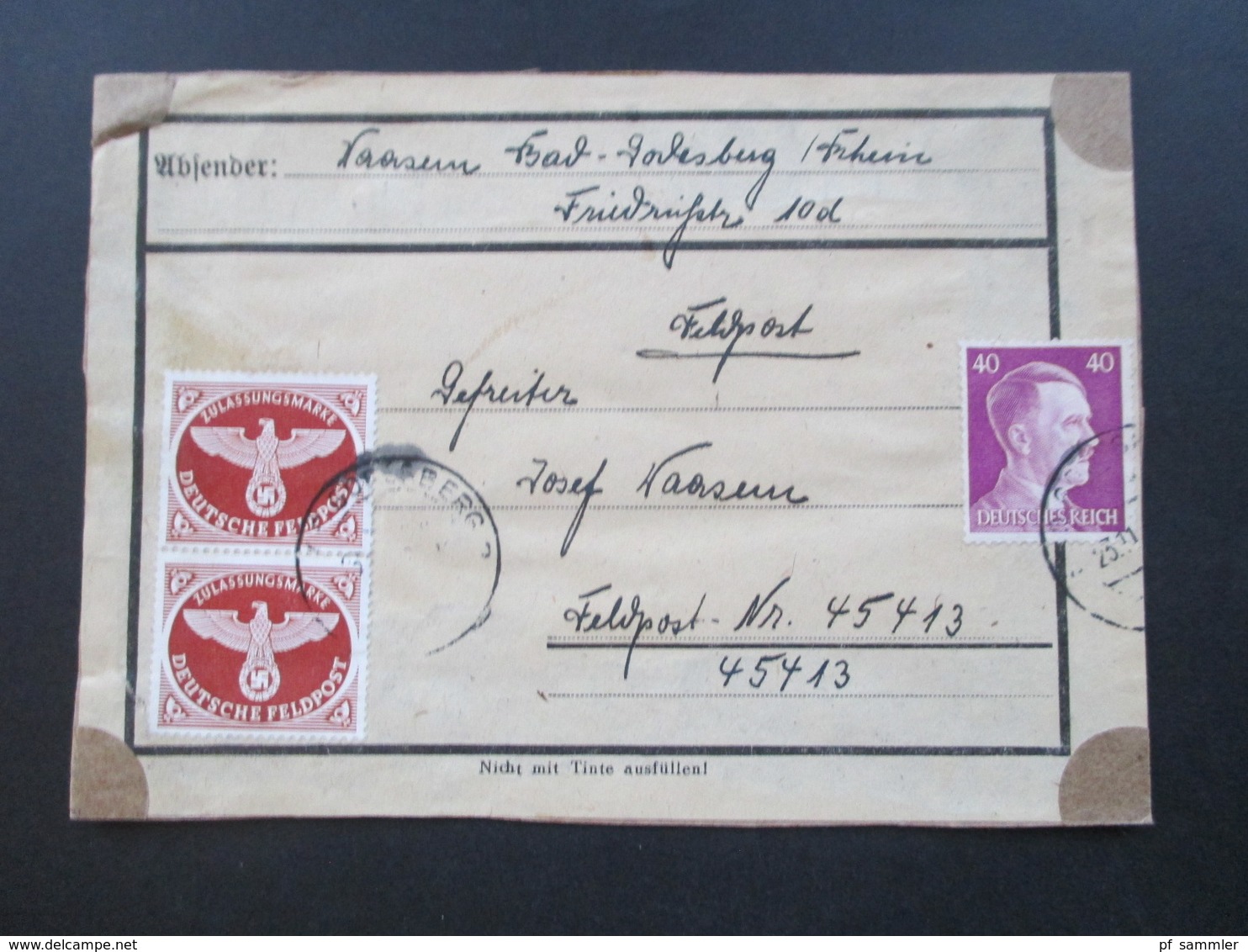 3.Reich 1943 Feldpostpächen / Päckchenadresse Nr. 2A Senkrechtes Paar MiF Feldpostnr 45413 Kommando Sicherungs-Division - Covers & Documents