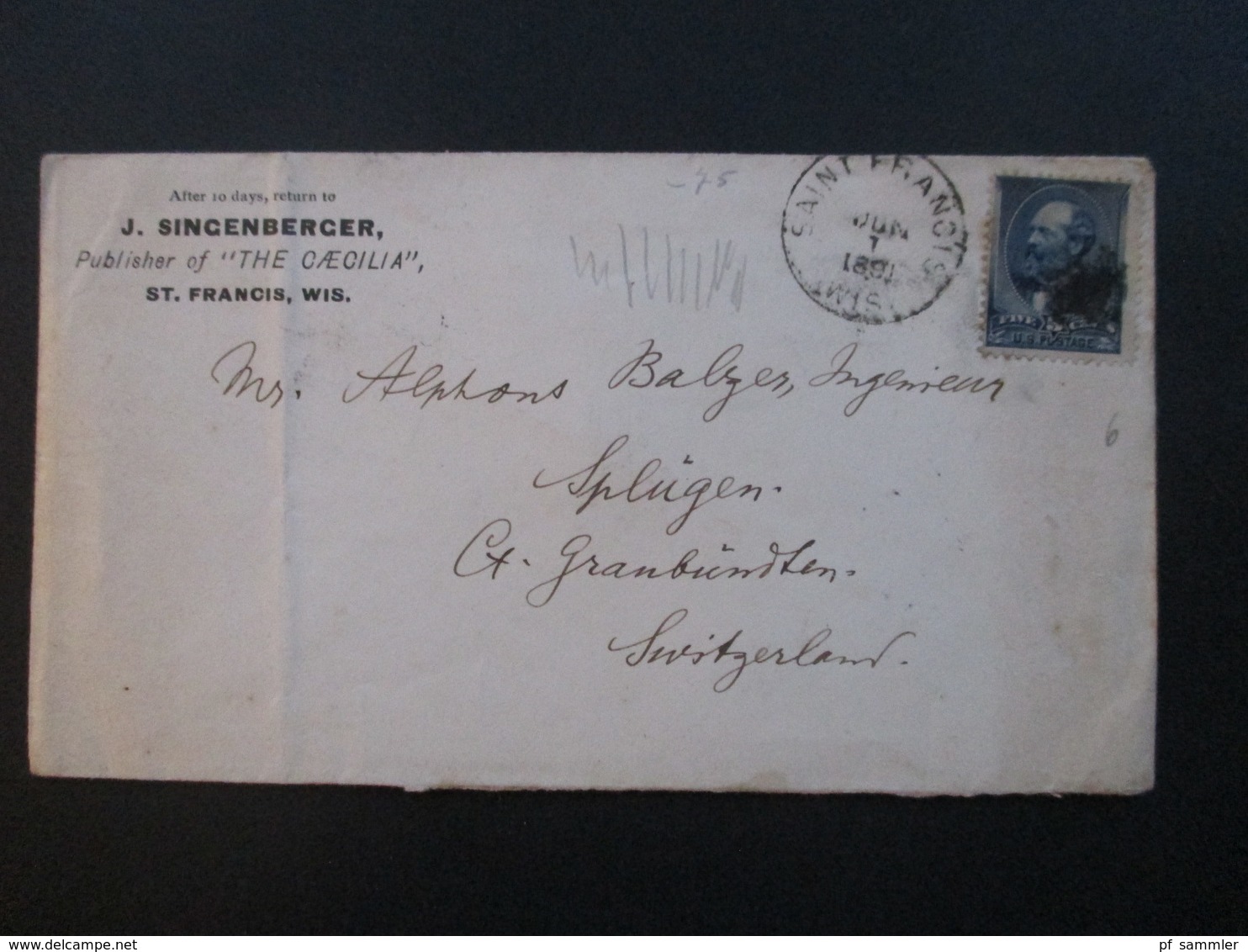 USA 1891 Nr. 57 EF über New York In Die Schweiz! J. Singenberger Publisher Of The Caecilia St. Francis - Briefe U. Dokumente