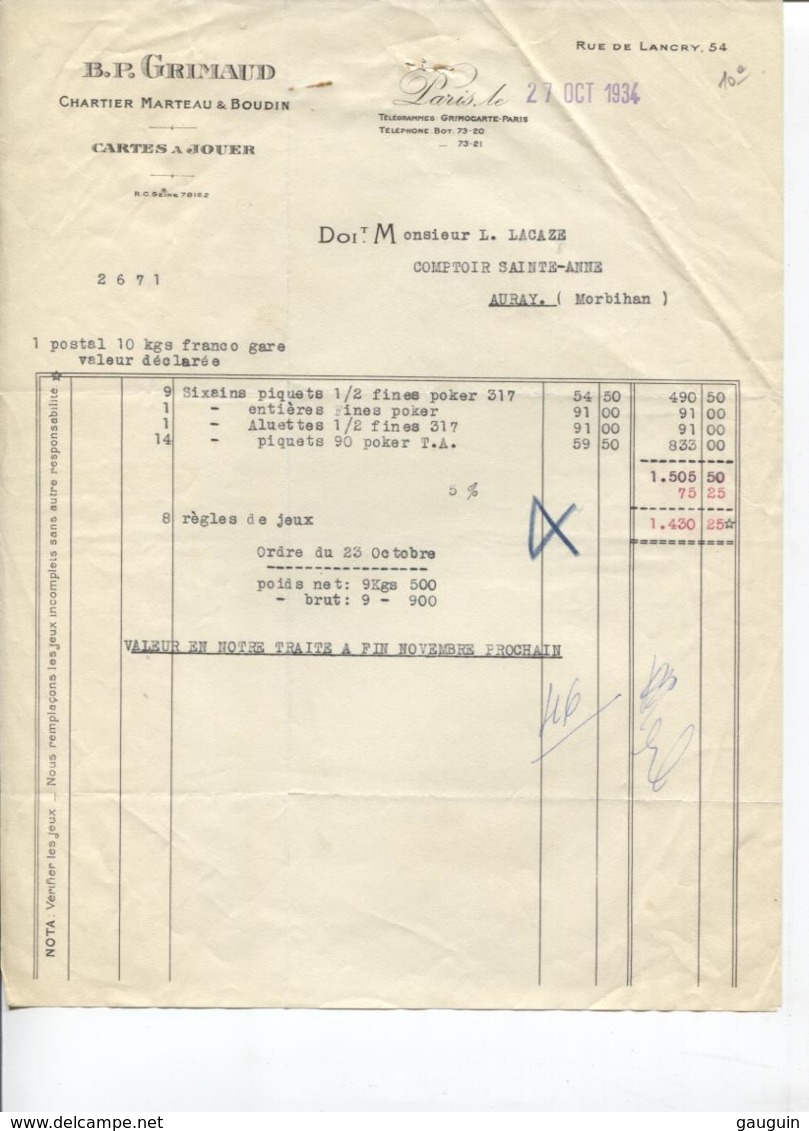 FACTURE - FABRIQUE De CARTES A JOUER - Ets B.P.GRIMAUD - PARIS 10èm Arr. - 1934 - Artesanos
