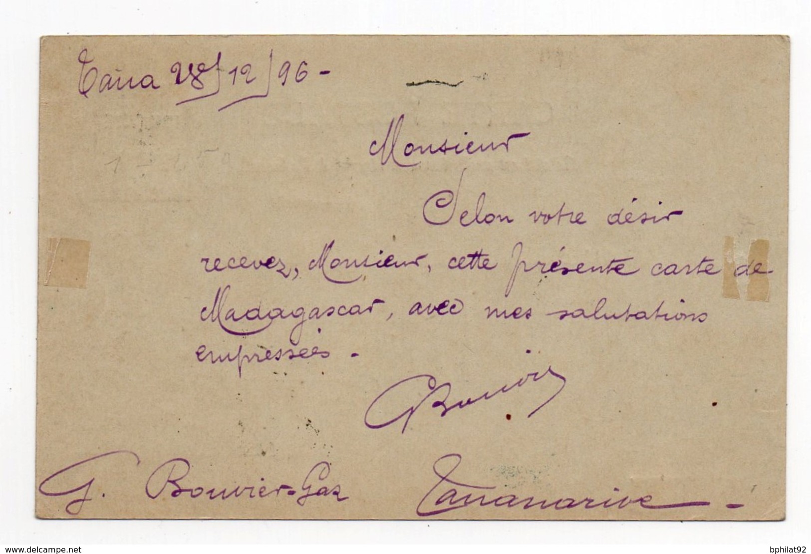 !!! PRIX FIXE : MADAGASCAR, ENTIER POSTAL A 10C CACHET DE TANANARIVE DE 1896 POUR LA BELGIQUE - Lettres & Documents