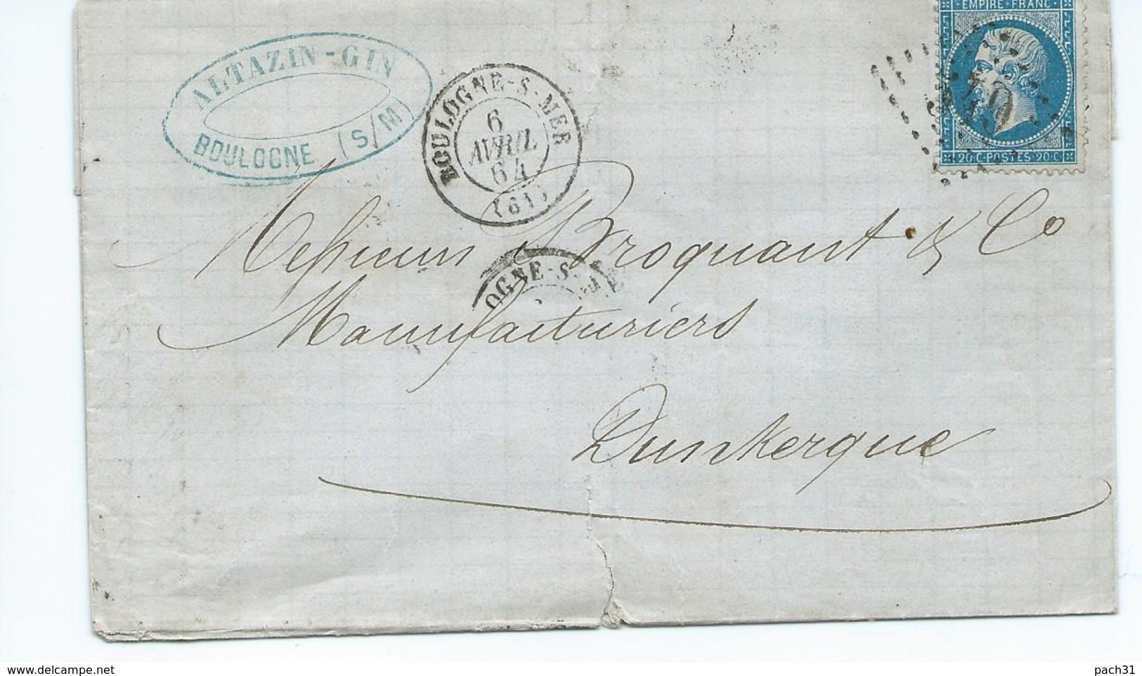 N° YT 22 Sur Lettre De Boulogne Sur Mer Pour Dunkerque  1864 - 1849-1876: Période Classique