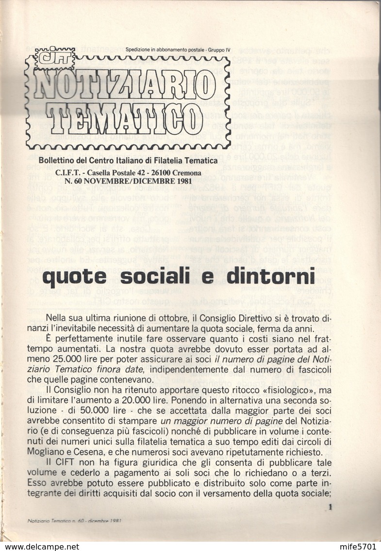 CIFT - NOTIZIARIO TEMATICO N. 60 NOVEMBRE / DICEMBRE 1981 - PAGINE 74 - USATO / USED - Italian (from 1941)