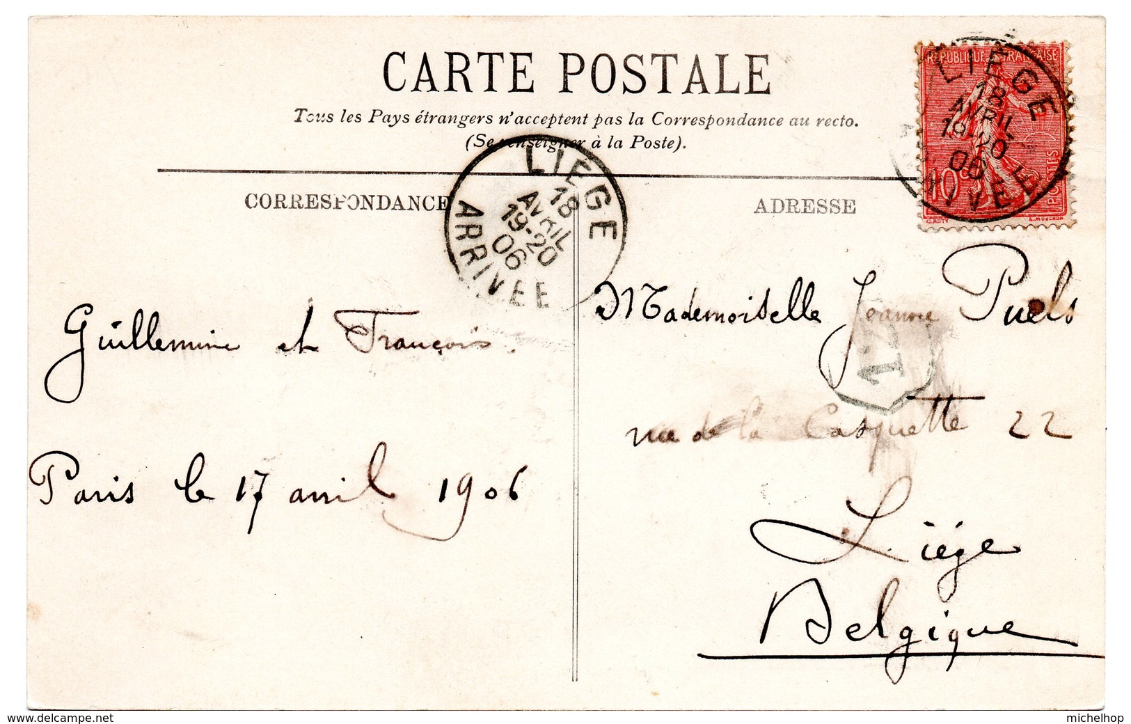 CV Expédiée De Paris (F) Vers Liège - Timbre Semeuse Oblitéré à L'arrivée à Liège (1906) - Autres & Non Classés