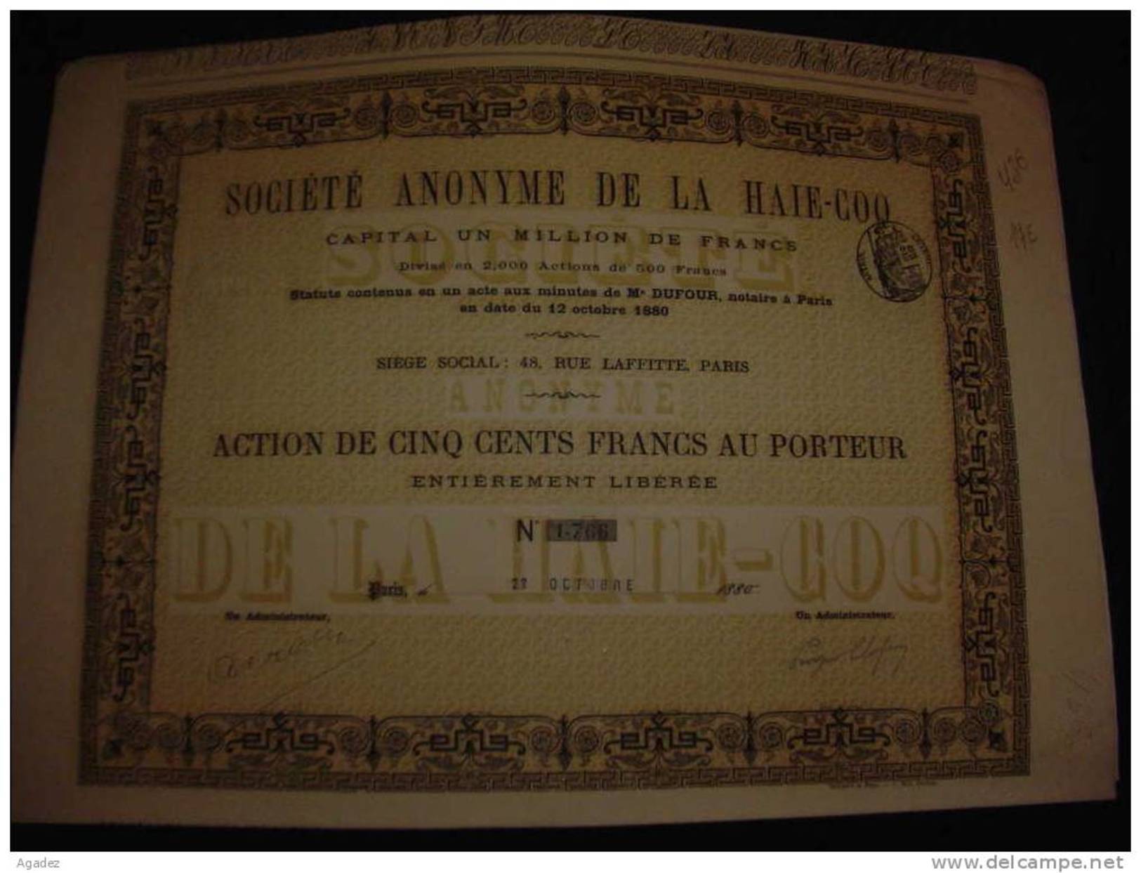 Action" S.A.de La Haie-Coq" Paris 1880 Excellent état Reste Tous Les Coupons. - Banco & Caja De Ahorros