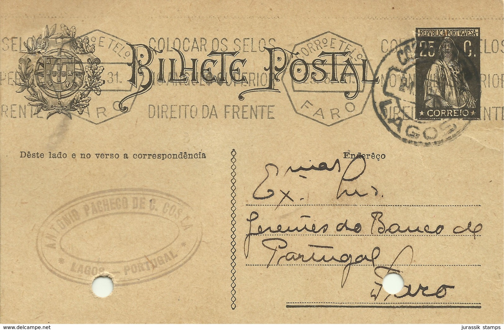 PORTUGAL - 1931   INTEIRO POSTAL   -  ENTIRE POSTAL STATIONERY - FARO- LAGOS - Entiers Postaux