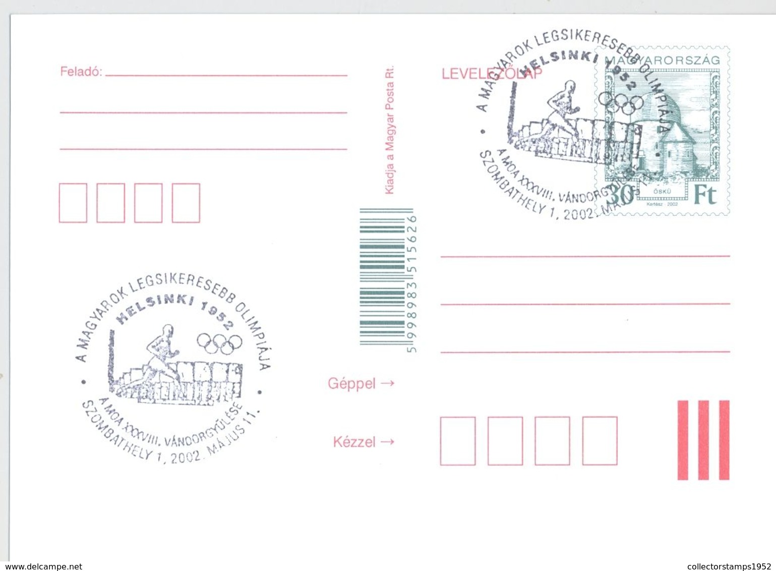 74738- ATHLETICS, HELSINKI'52 OLYMPIC GAMES, SPECIAL POSTMARK ON POSTCARD STATIONERY, 2002, HUNGARY - Ete 1952: Helsinki