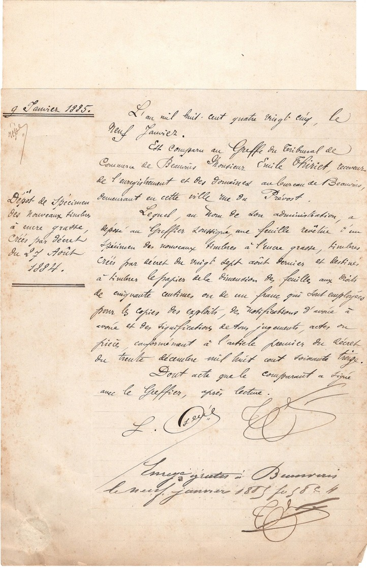 "Papier Spécial, Copies D'exploits Et Signification..." Dépt De Spécimen, Lettre D'accompagnement 1885, BEAUVAIS - Other & Unclassified