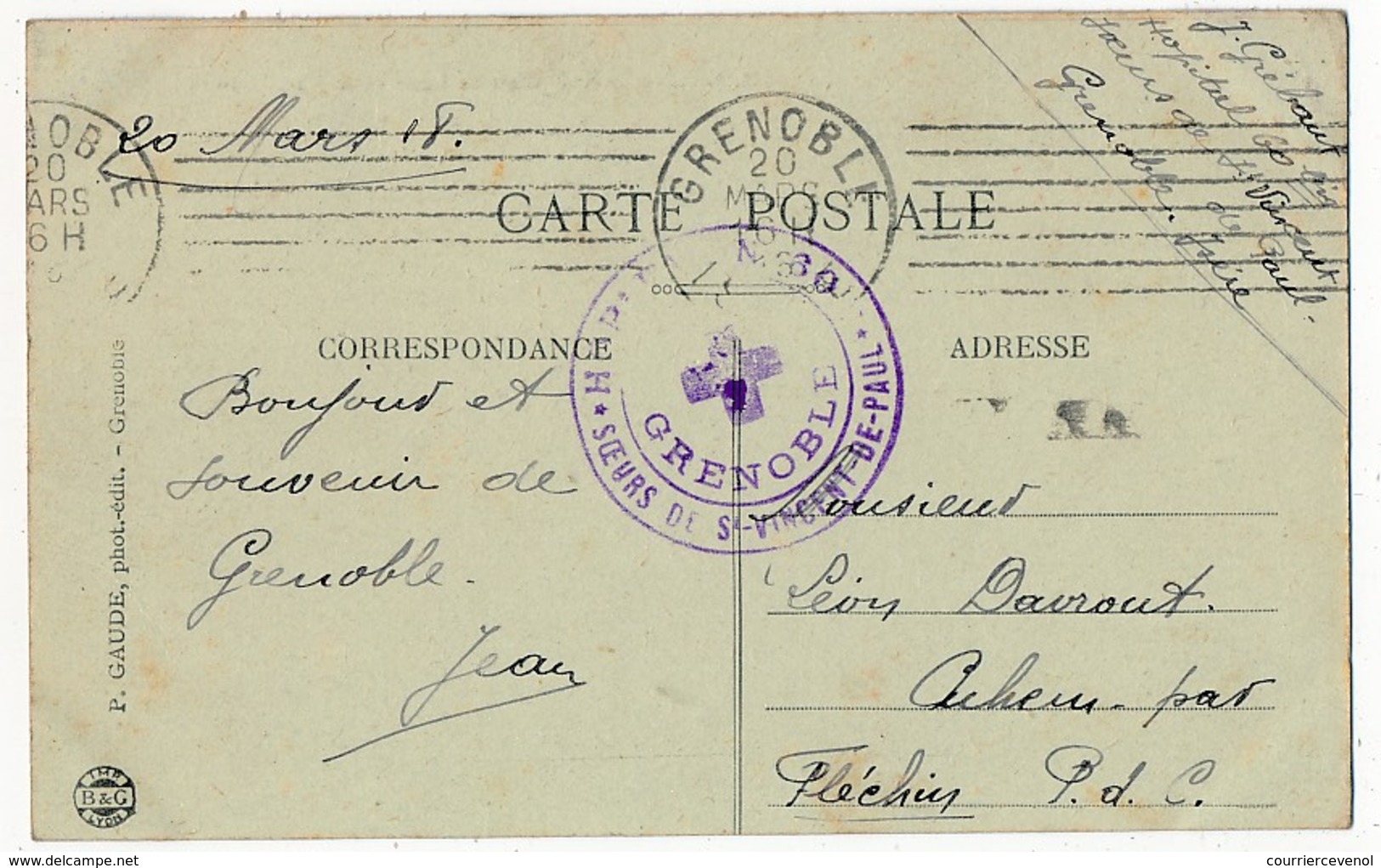 CPA En Franchise, Cachet "Hopital N°60 - Soeurs De St Vincent De Paul - Grenoble" - 1918 - Hopital Bénévole - Guerre De 1914-18