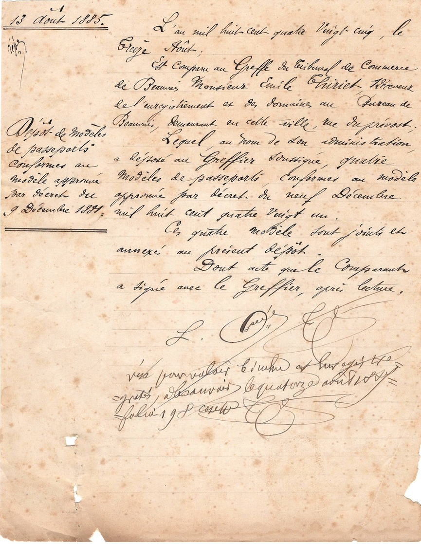 Modèle De Passeport à L'étranger Avec Lettre D'accompagnement  BEAUVAIS  1885 - Documents Historiques