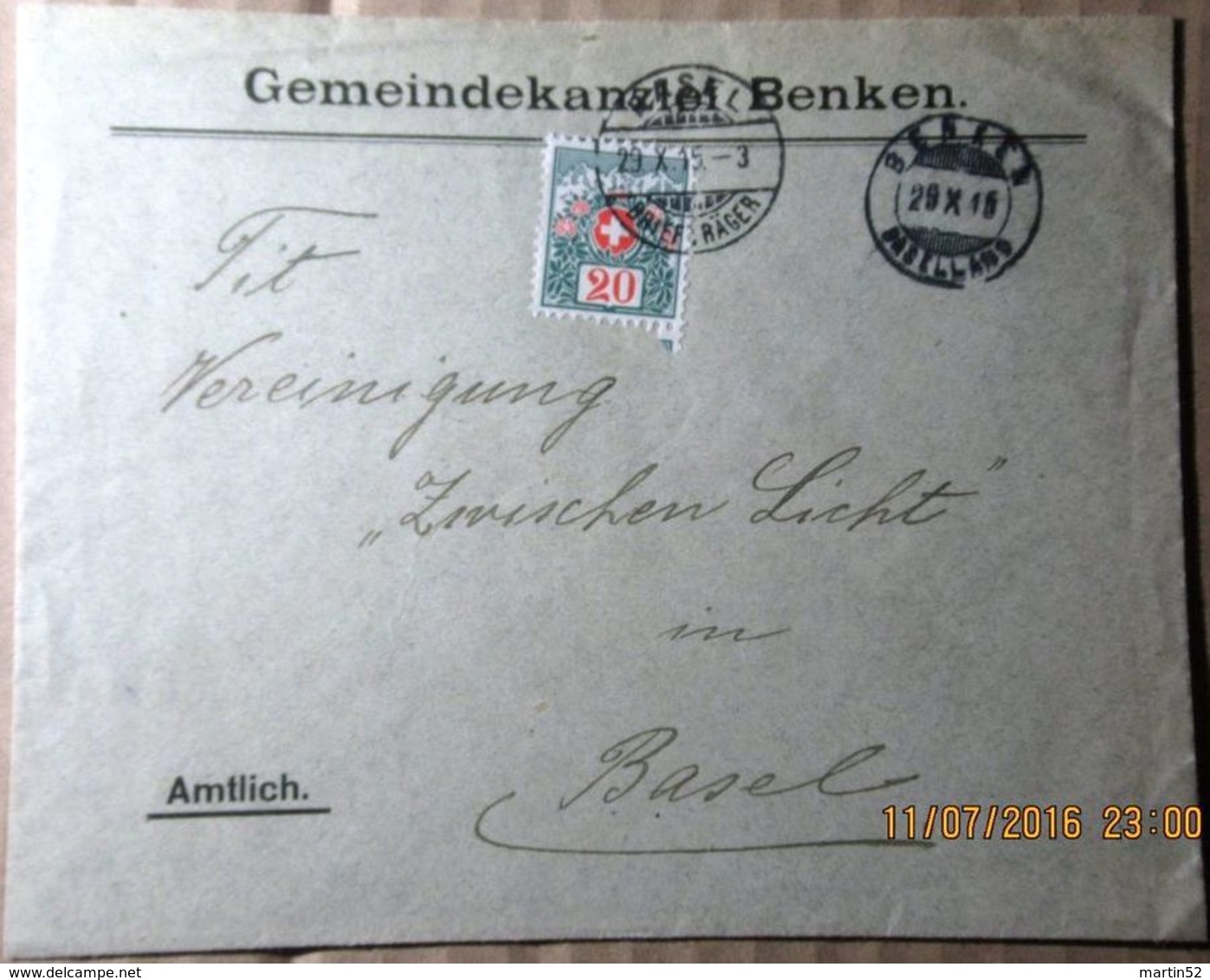 Schweiz Suisse 1915: Brief Gemeindekanzlei Benken "Amtlich" Mit O BENKEN 29.X.15 Mit Porto Nr.34 O BASEL (Zu CHF 15.00) - Taxe