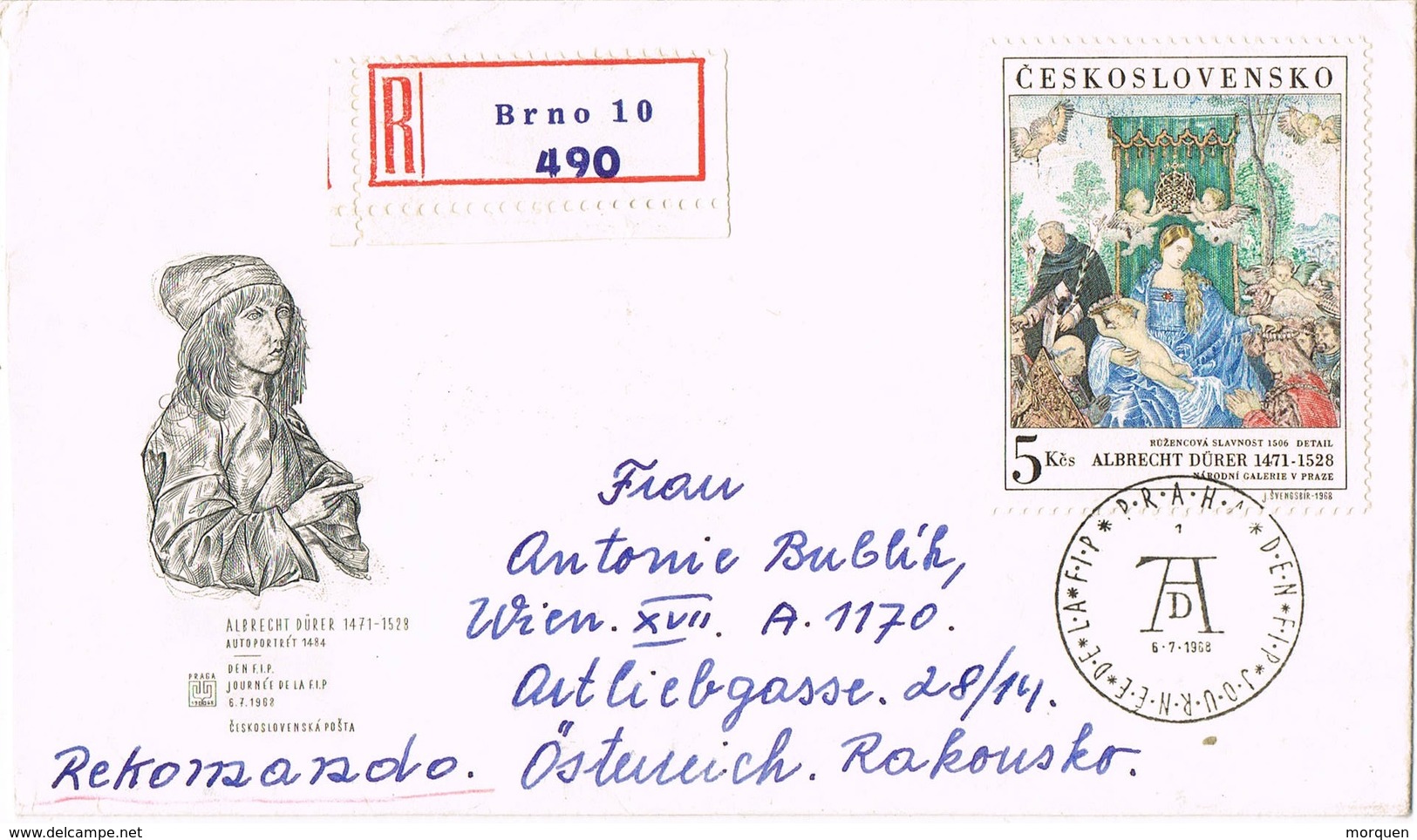 30862. Carta Certificadas BRNO (Checoslovaquia) 1968. DURERO Pintor. DÜRER - Cartas & Documentos