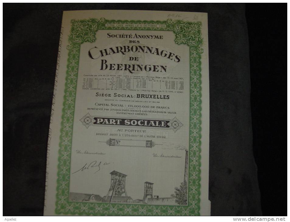 Part Sociale"Charbonnages De Beeringen"Belgique Charbon Liège 1949.Excellent état,reste Des Coupons - Mines