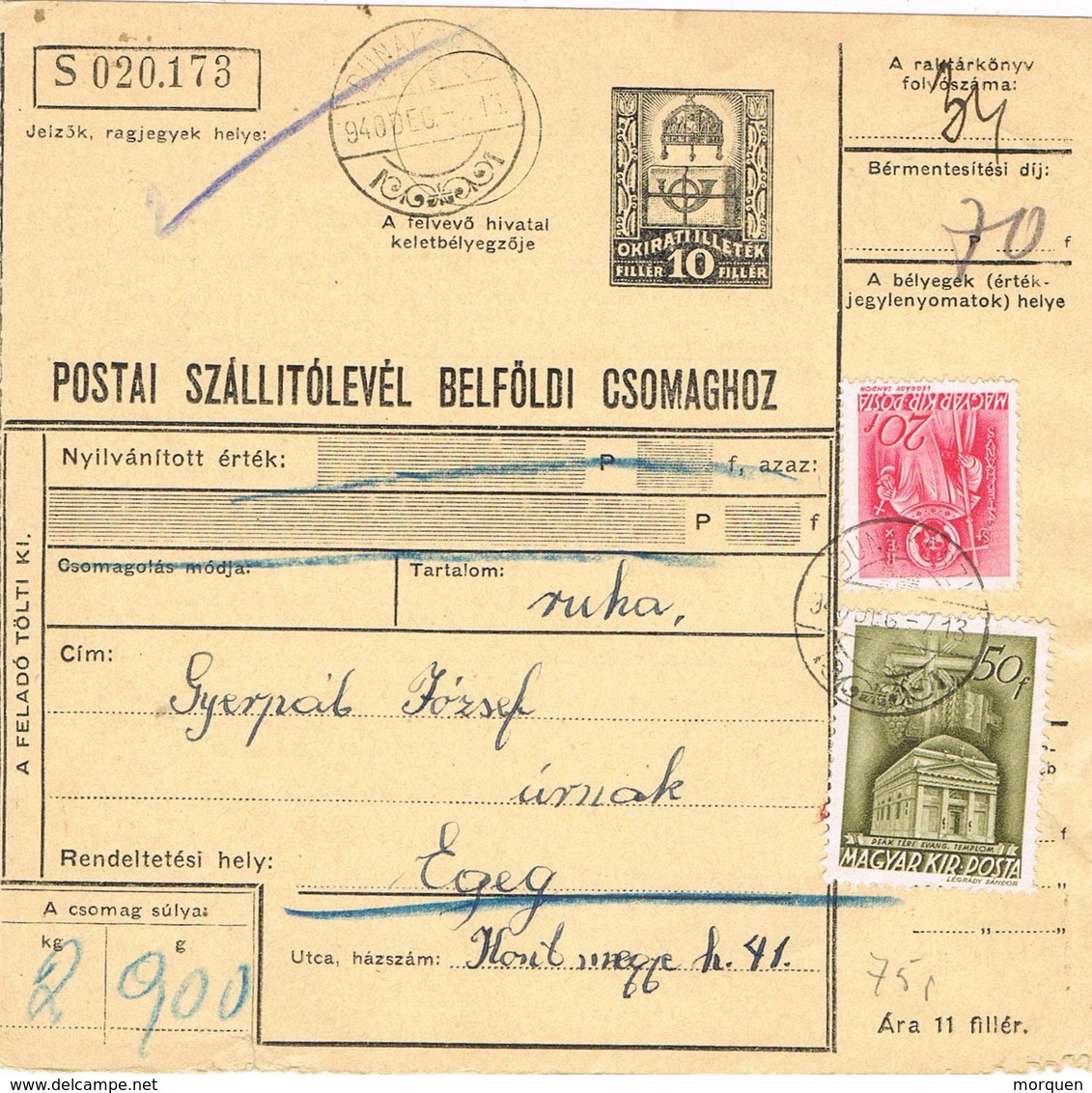 30865. Tarjeta Envio Dinero, Parcel Post DUNAKESZI (Hungria) 1940 To Egeg - Cartas & Documentos