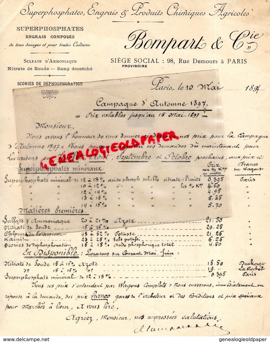 75- PARIS- LETTRE BOMPART-SUPERPHOSPHATES ENGRAIS AGRICULTURE-1897-98 RUE DEMOURS- PHOSPHATE NITRATE SOUDE - 1800 – 1899
