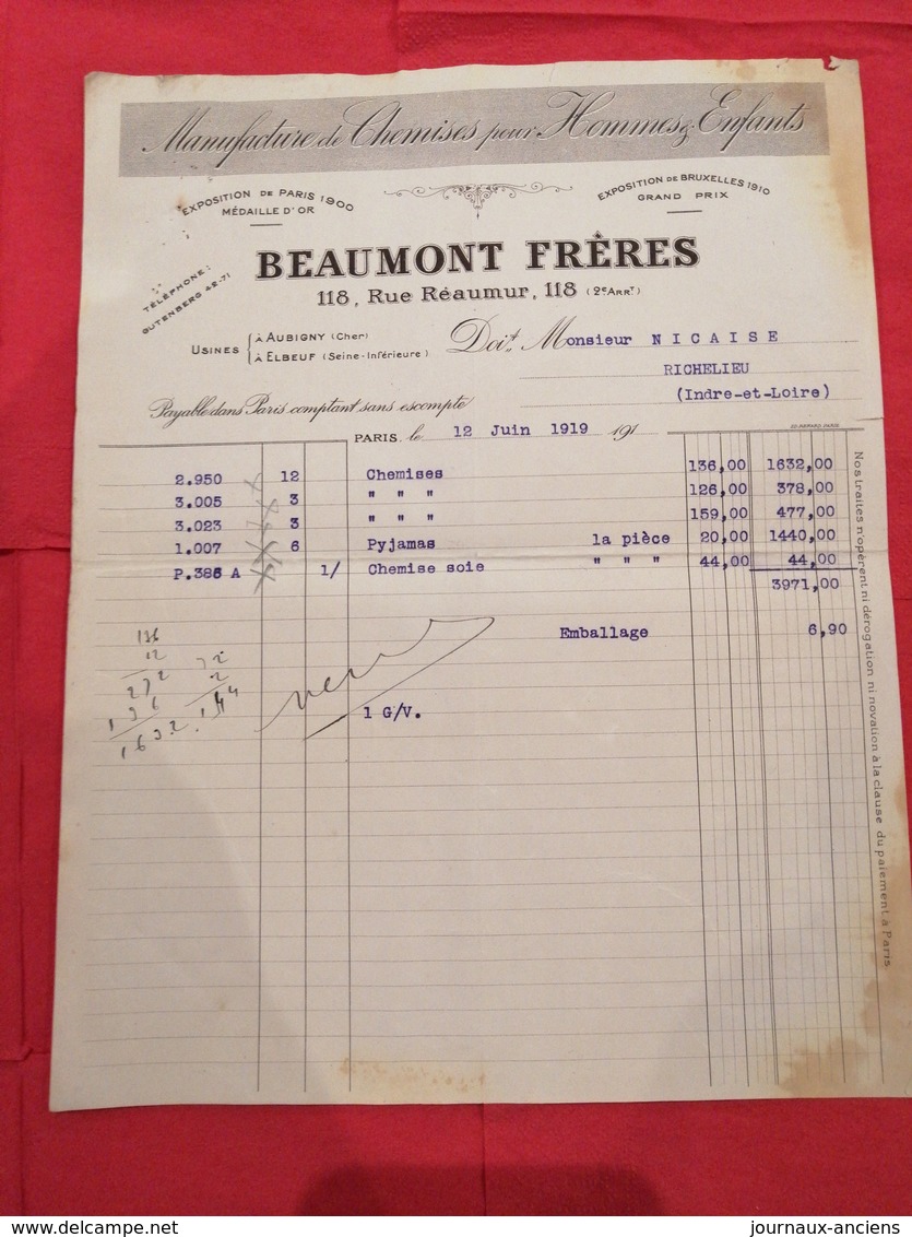 1919 MANUFACTURE DE CHEMISES - BEAUMONT FRÈRES - USINES  ELBEUF ET AUBIGNY - Textile & Vestimentaire