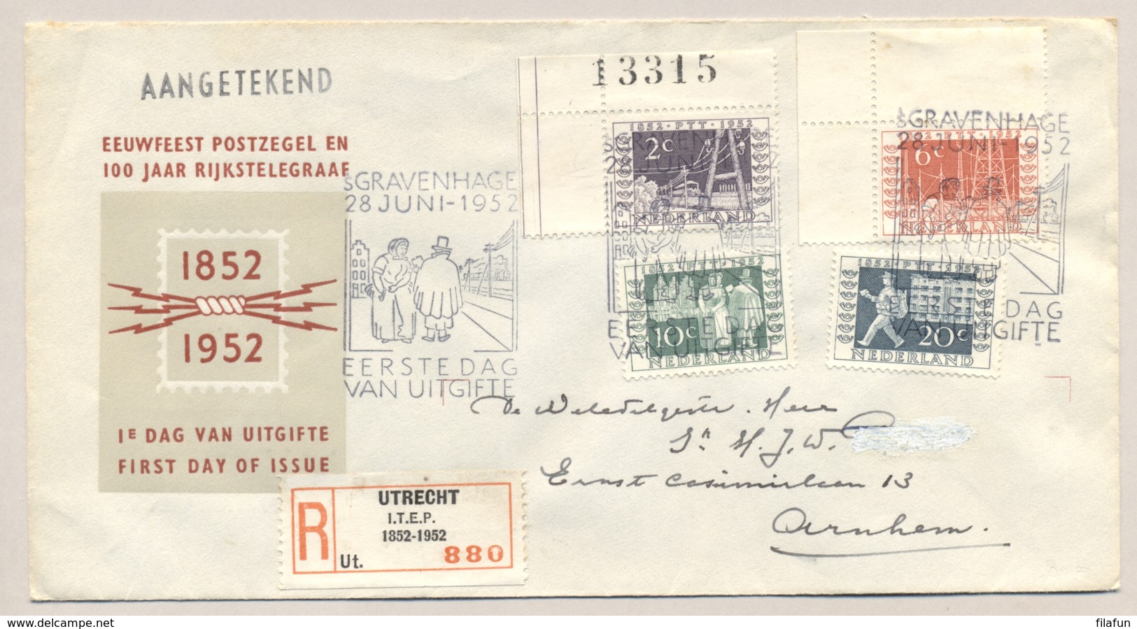 Nederland - 1952 - 100 Jaar Rijkstelegraaf - Eerste Dag E10 Serie Op R-cover Van Utrecht/Itep Naar Arnhem - Lettres & Documents