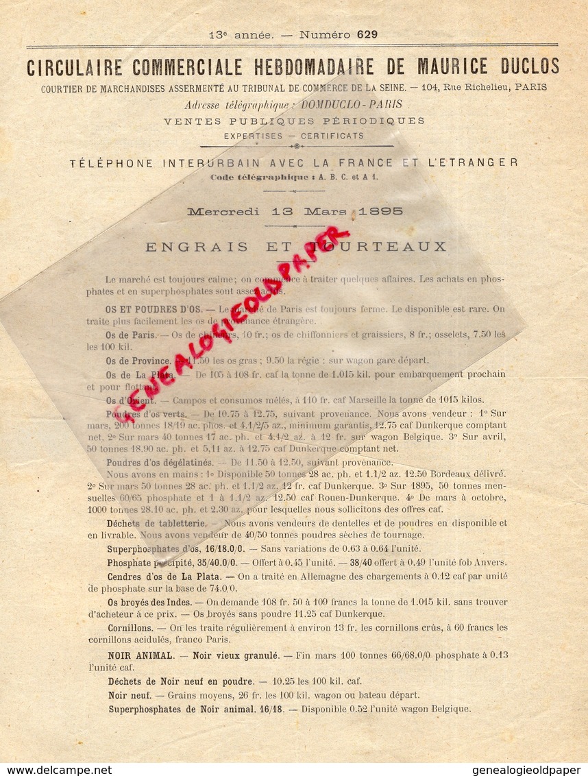 75- PARIS- RARE LETTRE CIRCULAIRE COMMERCIALE MAURICE DUCLOS-104 RUE RICHELIEU-1895-ENGRAIS TOURTEAUX-AGRICULTURE -OS - 1800 – 1899