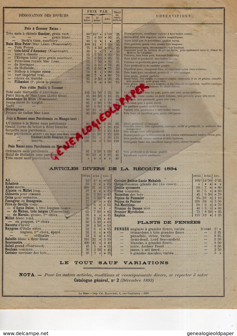 72- LE MANS- RARE LETTRE FAUTRAT ACHAIN SIMON- 1894- PRIX SPECIAL DE POIS MARCHANDS-GRAINES POTAGERES-AGRICULTURE - Agriculture