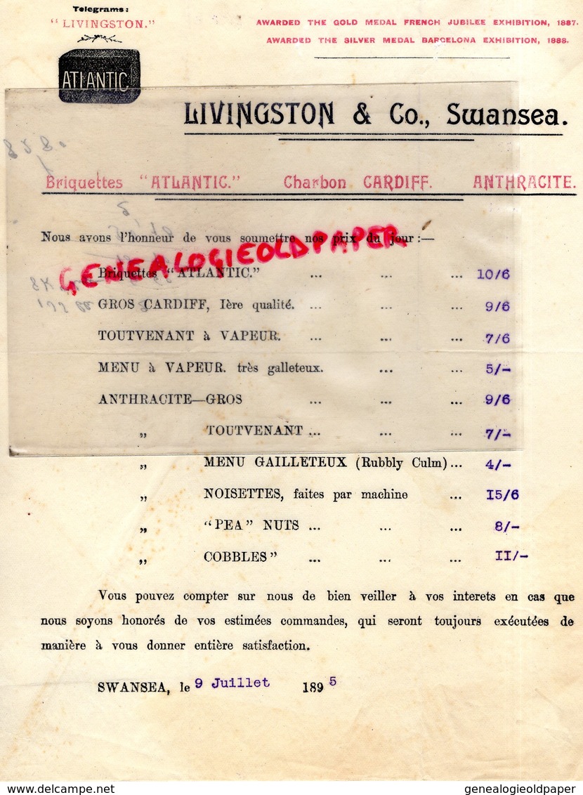 ROYAUME UNI-PAYS DE GALLES- SWANSEA-RARE LETTRE LIVINGSTON & CO- BRIQUETTES ATLANTIC-CHARBON CARDIFF-ANTHRACITE-1895 - Ver. Königreich