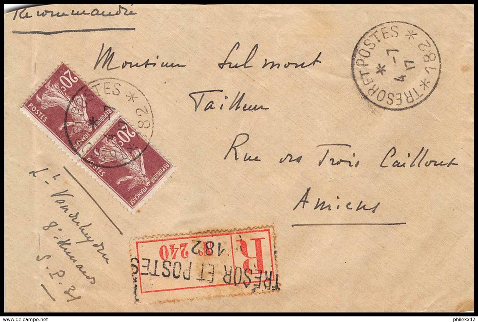 4633 Semeuse 20c Brun Lettre Recommandé Cover France Guerre War 1914/1918 Secteur N°182 Hussards 1917 - WW I