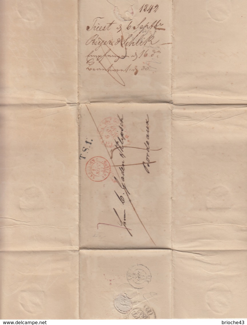 LETTRE SARDAIGNE -REYER & SCHLIK TRIEST 6.9.1842 POUR BORDEAUX T.S.1-TAXE PLUME 17- ENTREE ROUGE SARDAIGNE ANTIBES/ 6403 - 1801-1848: Précurseurs XIX