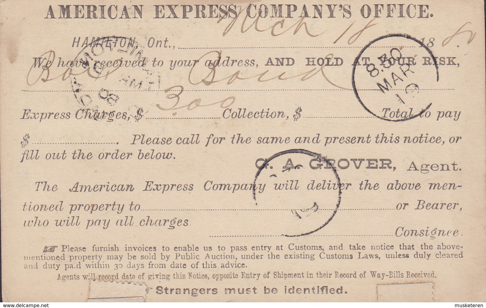 Canada Postal Stationery Ganzsache Victoria PRIVATE Print AMERICAN EXPRESS COMPANY's OFFICE Agent Grover, HAMILTON 1880 - 1860-1899 Règne De Victoria