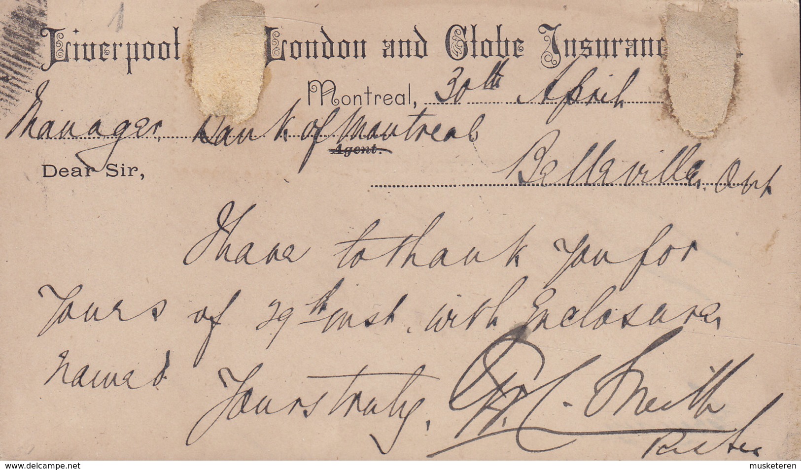 Canada Postal Stationery Ganzsache 1c. Victoria PRIVATE Print LIVERPOOL, LONDON And GLOBE INSURANCE, MONTREAL 18?? - 1860-1899 Victoria