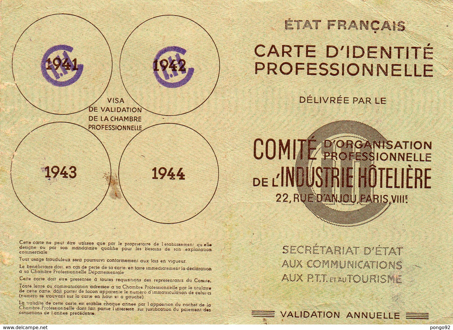 CI Professionnelle Comité D'organisation Prof. Industrie Hôtellière  1941.1942 (53.52) - Altri & Non Classificati