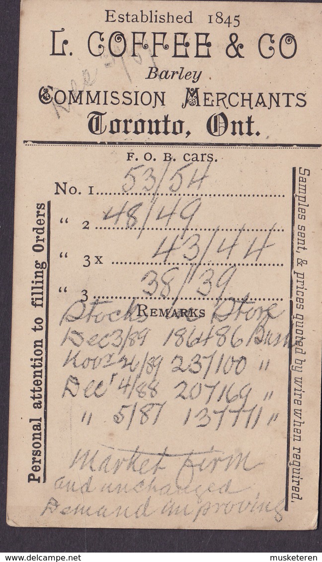 Canada Postal Stationery Ganzsache 1c. Victoria PRIVATE Print L. COFFEE & Co. Barley Commission Merchants TORONTO 18?? - 1860-1899 Règne De Victoria