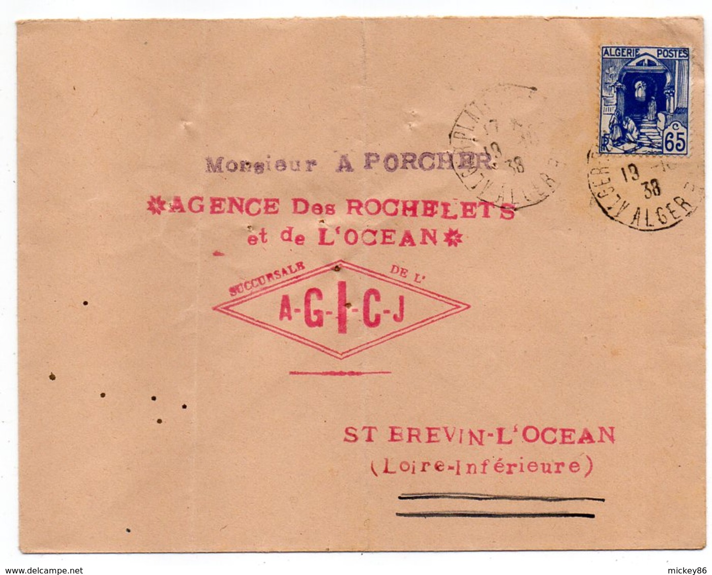 Algérie - 1938--Lettre D'ALGER Pour SAINT BREVIN LES PINS-44 (France)-timbre Seul Sur Lettre ---- Cachet - Lettres & Documents