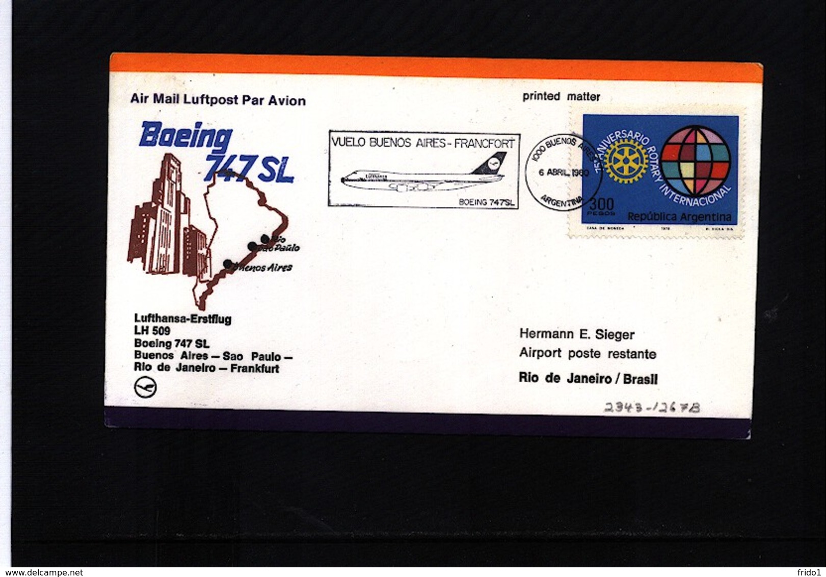 Argentina 1980 Lufthansa Flight LH 509 Buenos Aires - Rio De Janeiro - Briefe U. Dokumente